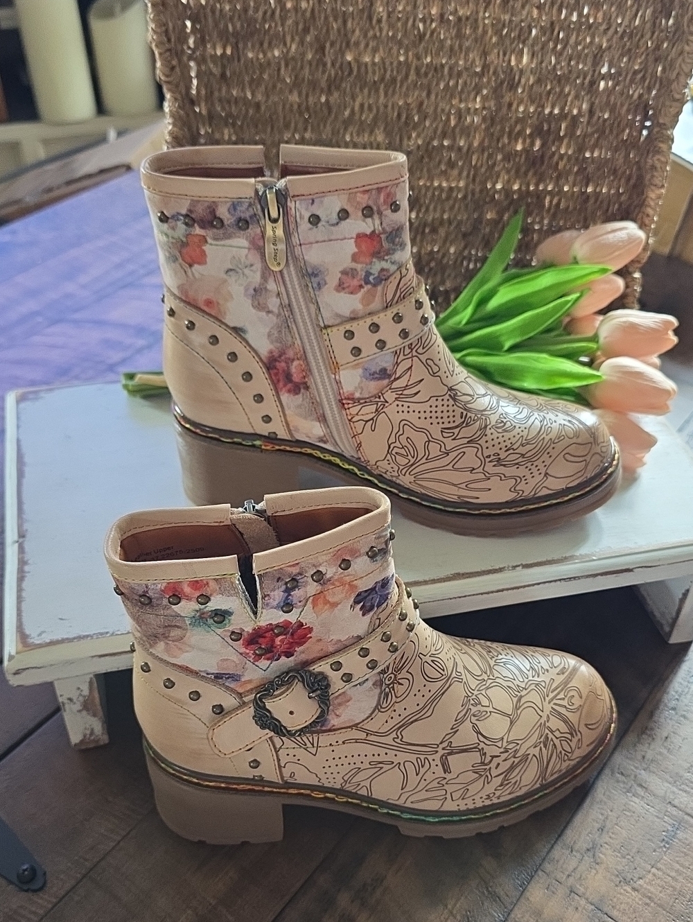 Spring Step Pink & Beige Floral Embossed Ankle Booties with Studded Strap BNWOT